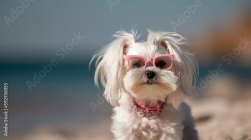  Lindo perrito bichon maltes blanco con gafas rosas en la playa. Ilustración de IA Generativa  © Helena GARCIA