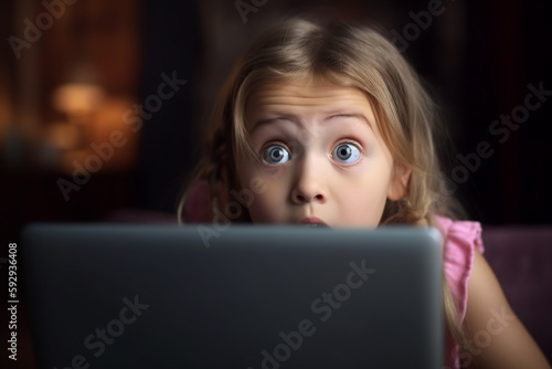 Shocked, laptop and young girl child. Generative AI