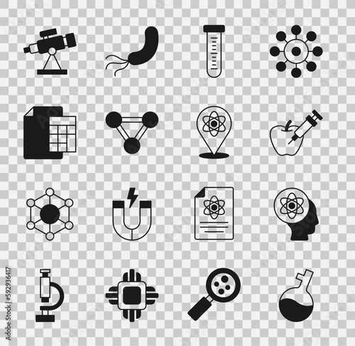 Set Test tube, Atom, Genetically modified apple, Molecule, Calculator, Telescope and icon. Vector