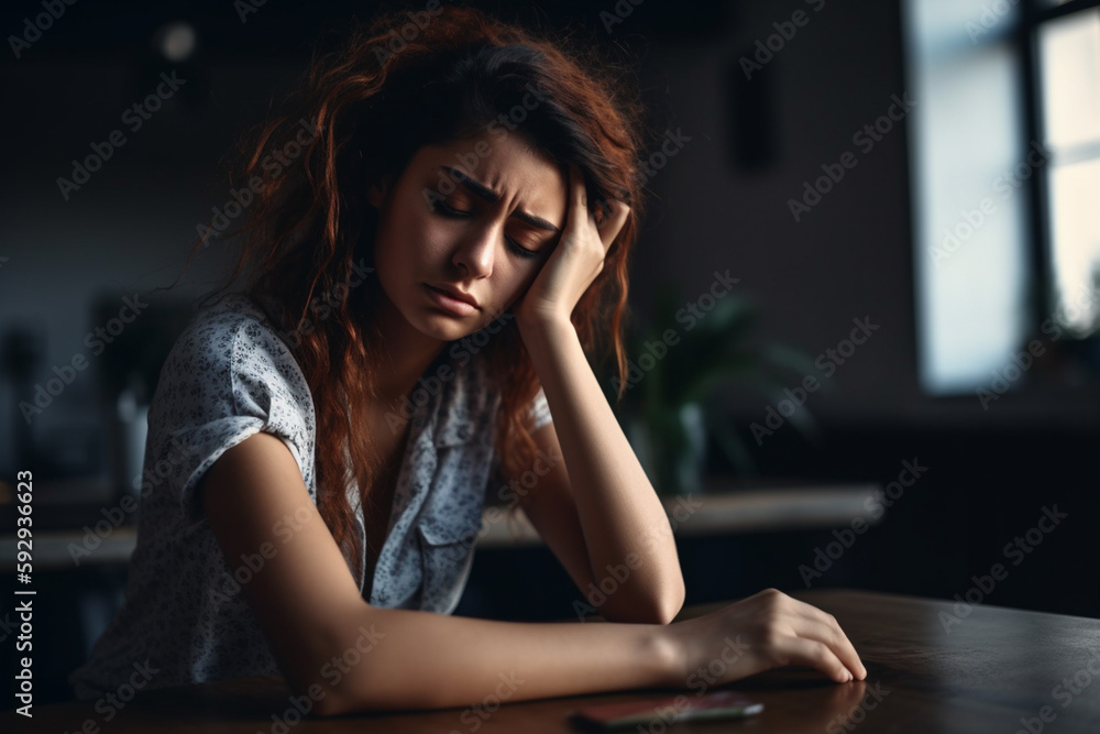 headache of woman at desk or depression. Generative AI headache of woman at desk or depression. Generative AI