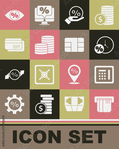Set Credit card, Safe, Clock and percent, Discount tag, Coin money, Eye with and chip icon. Vector