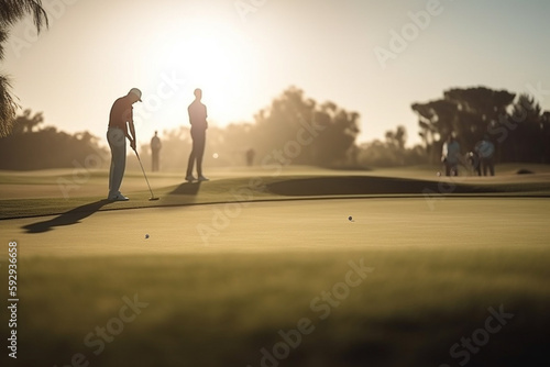 golfers on a large golf course outside in fine weather, golf lessons. Generative AI