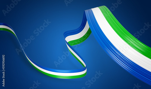 3d Flag Of Sierra Leone, 3d Wavy Shiny Sierra Leone Ribbon On Blue Background, 3d illustration