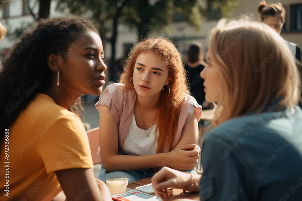 three female students in a group have lunch break outside in front of the university or school building, teenagers or young adults. Generative AI three female students in a group have lunch break outside in front of the university or school building, teenagers or young adults. Generative AI