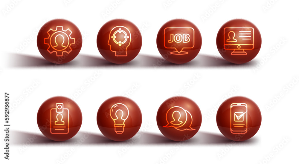 Set line Human with gear, Identification badge, Monitor resume, Speech bubble chat, Head lamp bulb, hunting, Smartphone and job icon. Vector Set line Human with gear, Identification badge, Monitor resume, Speech bubble chat, Head lamp bulb, hunting, Smartphone and job icon. Vector