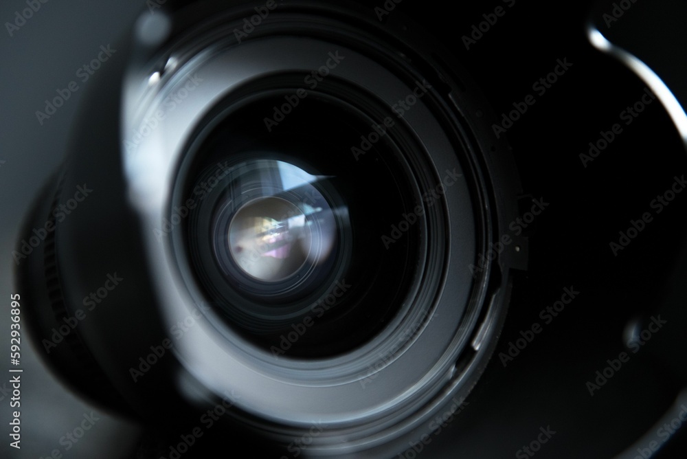 Closeup shot of details on a modern black camera lens