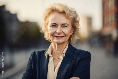 confident senior female CEO smiling , success or career ambition at the workplace. Generative AI