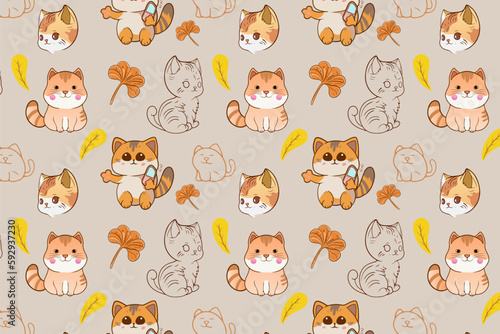 Fototapeta Naklejka Na Ścianę i Meble -  Cute Kawaii Cats or kittens in funny poses vector seamless pattern. Funny cartoon fat cats for print or sticker design. 
