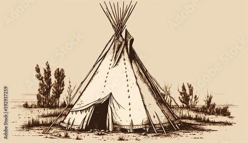 AI Generated. AI Generative. Native american tent wigwam house. Can be used for home decoration. Wild west. Graphic Art Illustration. photo