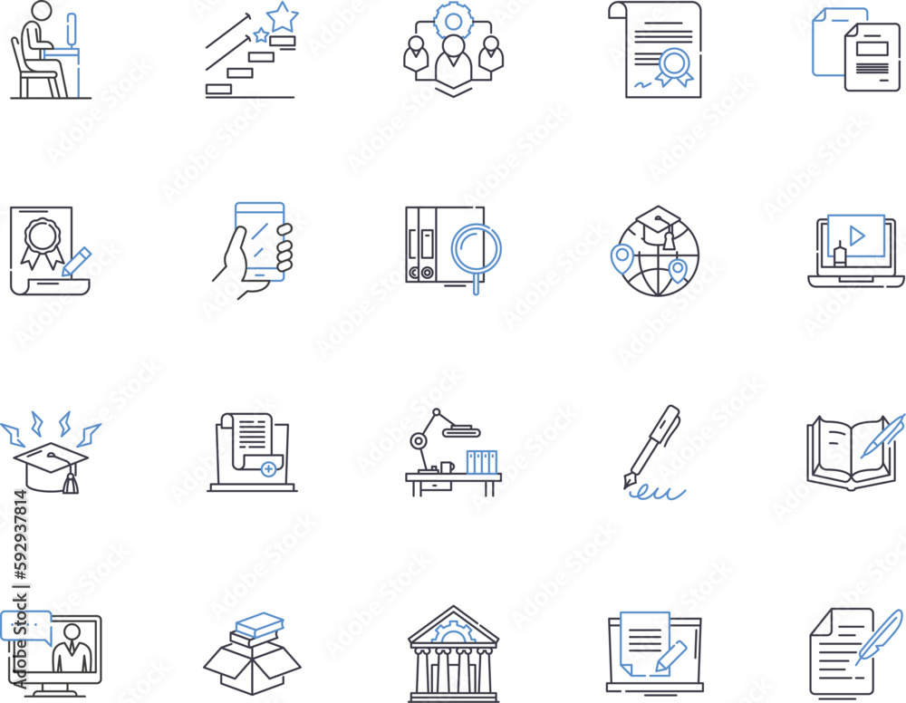 Learning outline icons collection. Instruction, Education, Enrichment, Schooling, Tutoring, Knowledge, Training vector and illustration concept set. Skills, Comprehension, Acquirement linear signs