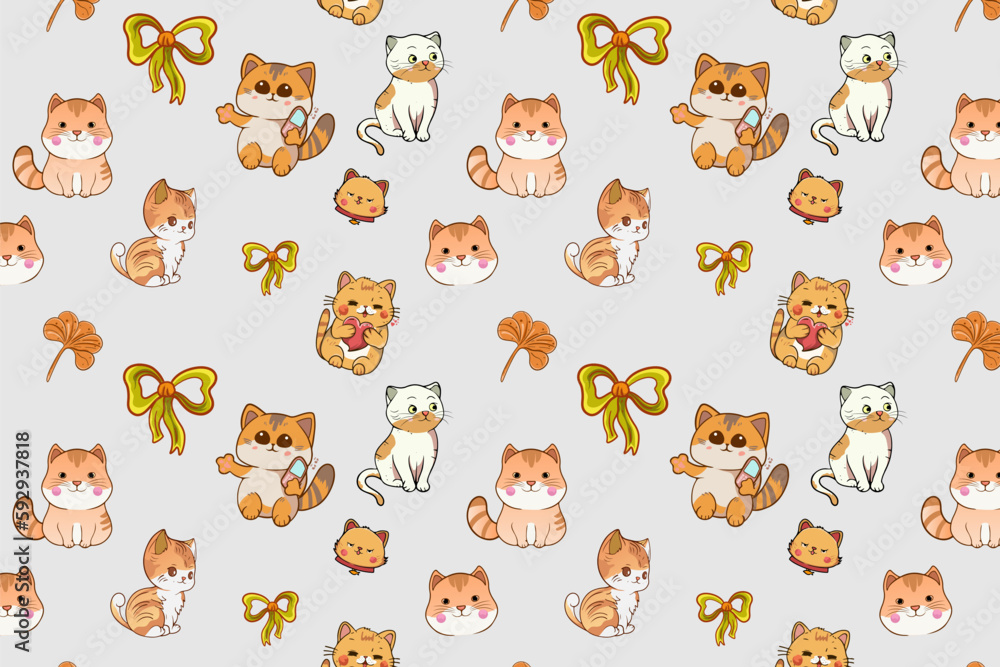 Cute Kawaii Cats or kittens in funny poses vector seamless pattern. Funny cartoon fat cats for print or sticker design. Cute Kawaii Cats or kittens in funny poses vector seamless pattern. Funny cartoon fat cats for print or sticker design.