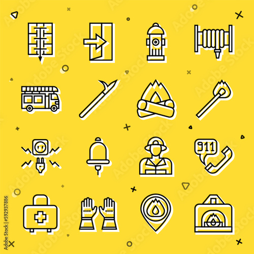 Set line Interior fireplace, Telephone call 911, Burning match with, Fire hydrant, Metal pike pole, truck, Evacuation plan and Campfire icon. Vector