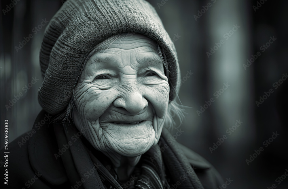 Senior woman smiling, in the style of close-up shots. Generative AI.
