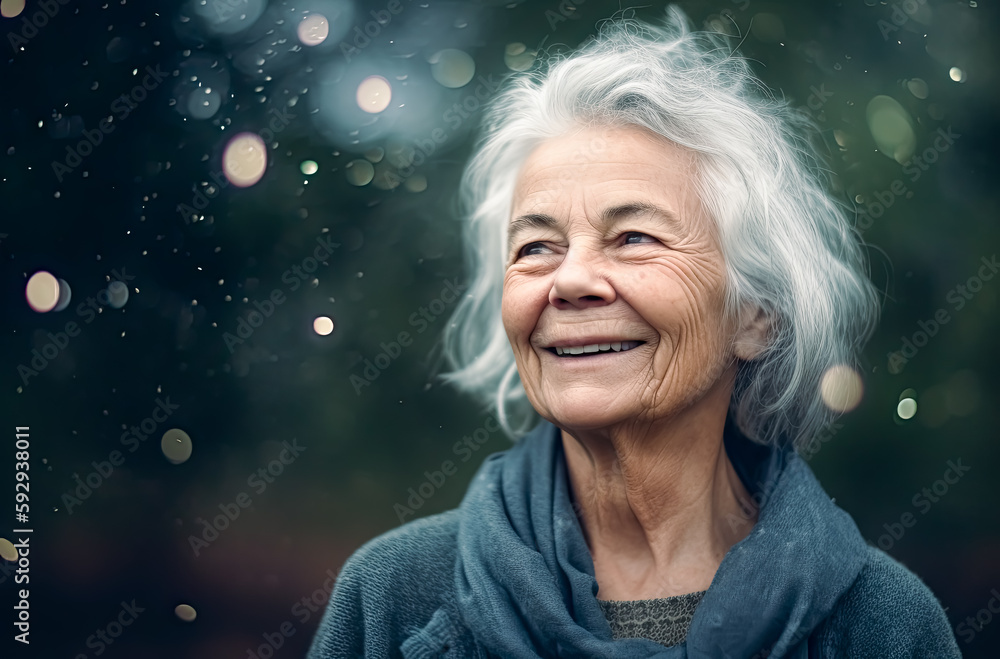 Senior woman smiling, in the style of close-up shots. Generative AI.
