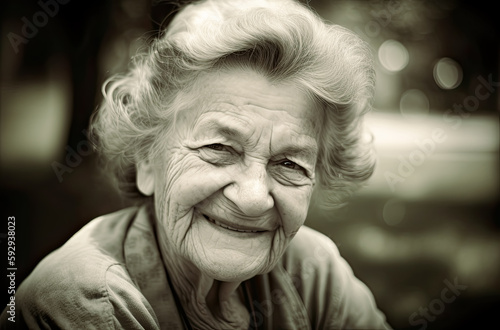 Senior woman smiling, in the style of close-up shots. Generative AI. 