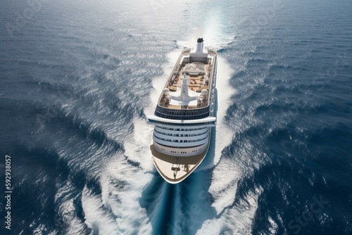 Aerial view of beautiful white cruise ship above luxury cruise close up at stern of cruise sail with contrail in the ocean sea  concept smart tourism travel a vacation time on summer,. Generative AI © Ava