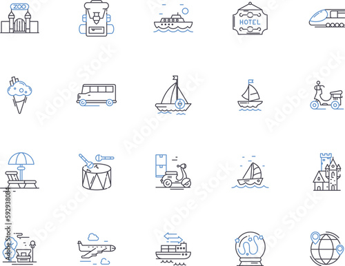 Travel outline icons collection. Trip, Tour, Journey, Voyage, Explore, Vacation, Fly vector and illustration concept set. Adventure, Sightsee, Road Trip linear signs