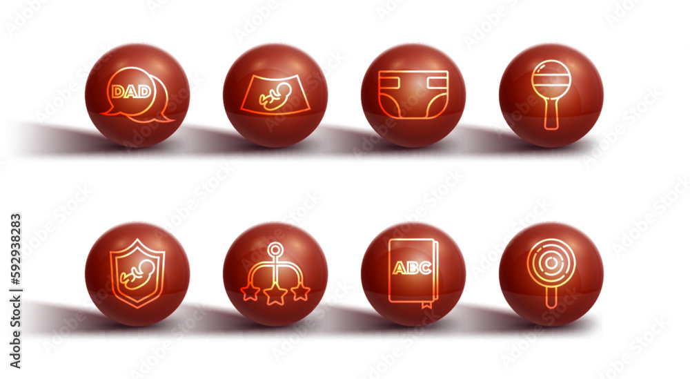 Set line Speech bubble dad, Baby on shield, Rattle baby toy, ABC book, crib hanging toys, Ultrasound of, Lollipop and absorbent diaper icon. Vector Set line Speech bubble dad, Baby on shield, Rattle baby toy, ABC book, crib hanging toys, Ultrasound of, Lollipop and absorbent diaper icon. Vector