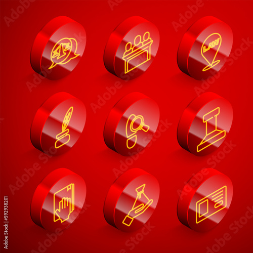 Set line Scales of justice, Jurors, Location law, Feather and inkwell, Footsteps, Stamp, Oath Holy Bible and Bribe money bag icon. Vector