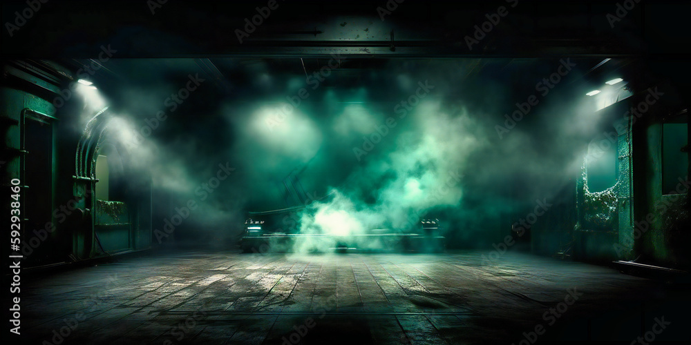 a green stage with smoke and spotlights on the floor
