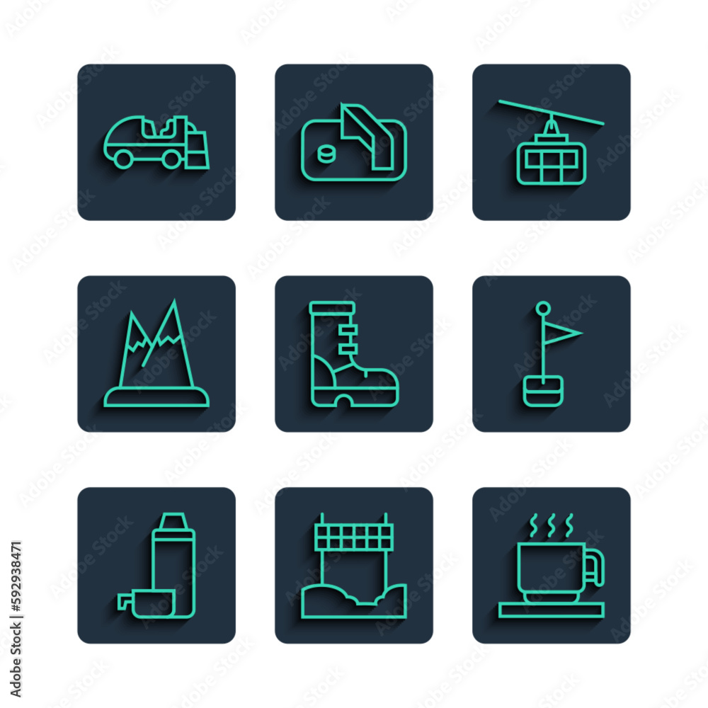 Set line Thermos container, Ribbon finishing line, Hot chocolate cup, Cable car, Waterproof rubber boot, Mountains, Ice resurfacer and Location marker icon. Vector Set line Thermos container, Ribbon finishing line, Hot chocolate cup, Cable car, Waterproof rubber boot, Mountains, Ice resurfacer and Location marker icon. Vector