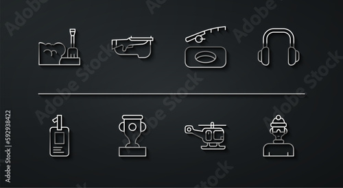 Set line Shovel in snowdrift, Identification badge, Winter headphones, Rescue helicopter, Award cup, Biathlon rifle, athlete and fishing icon. Vector