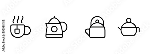 tea and tea kettle icon vector set design with Editable Stroke. Line, Solid, Flat Line, thin style and Suitable for Web Page, Mobile App, UI, UX design.