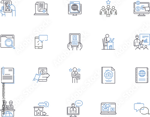 Content marketing outline icons collection. Content, Marketing, Strategy, Ads, Content-Creation, Generating, Distribution vector and illustration concept set. Influencers, Repurposing, Branding linear