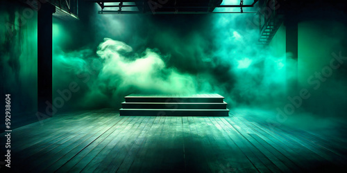 a green stage with smoke and spotlights on the floor © SK