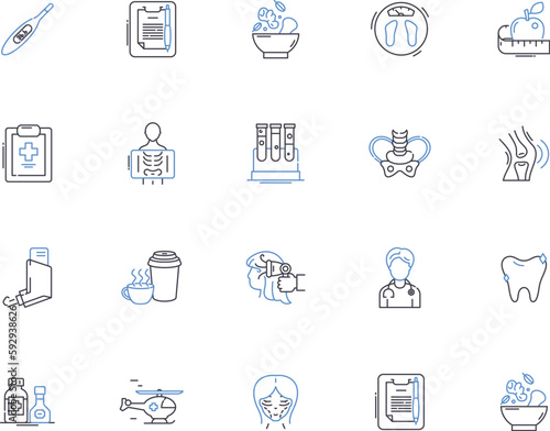 Healthcare outline icons collection. Medicine, Health, Treatment, Care, Well-being, Fitness, Nutrition vector and illustration concept set. Prevention, Diagnosis, Disease linear signs