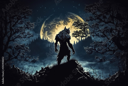 Fototapeta monster werewolf on top of a cliff on background of moon at night