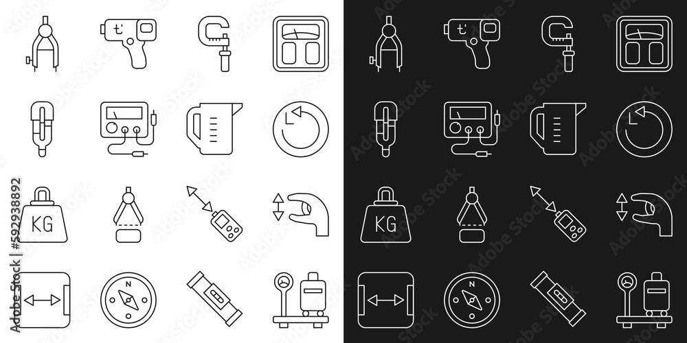 Set line Scale with suitcase, Approximate measurements, Radius, Micrometer, Multimeter, voltmeter, Medical thermometer, Drawing compass and Measuring cup icon. Vector