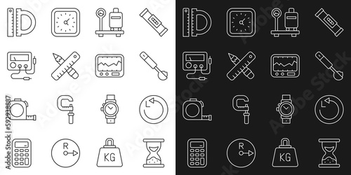 Set line Old hourglass with sand, Radius, Measuring spoon, Scale suitcase, Crossed ruler pencil, Multimeter, voltmeter, Protractor and instrument icon. Vector