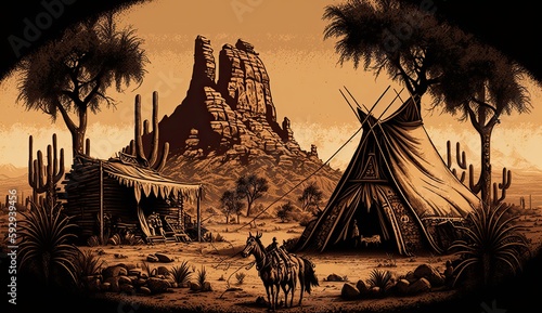 AI Generated. AI Generative. Native american western scene background with cowboy wigwam desrt and rocks. Can be used for home decoration. Wild west. Graphic Art Illustration.