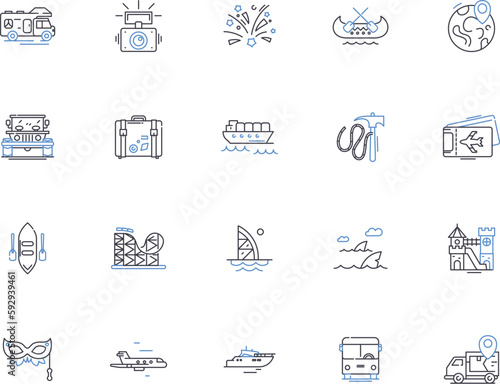 Travel outline icons collection. Trip, Tour, Journey, Voyage, Explore, Vacation, Fly vector and illustration concept set. Adventure, Sightsee, Road Trip linear signs