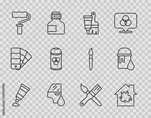 Set line Tube with paint palette, Painting the house, and brush, Car painting, roller, spray can, and bucket icon. Vector
