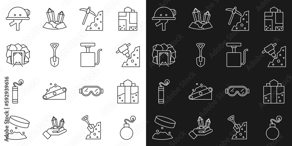 Set line Bomb, Mine entrance, Construction jackhammer, Pickaxe, Shovel, Miner helmet and Handle detonator icon. Vector Set line Bomb, Mine entrance, Construction jackhammer, Pickaxe, Shovel, Miner helmet and Handle detonator icon. Vector