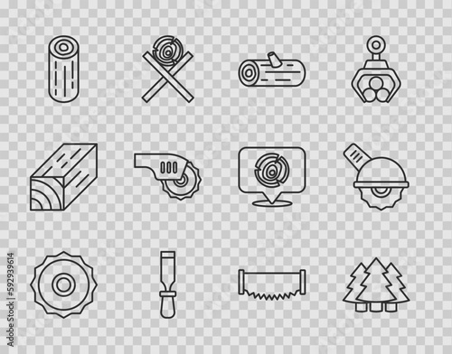 Set line Circular saw blade, Christmas tree, Wooden logs, Chisel tool, Electric circular, Two-handed and icon. Vector