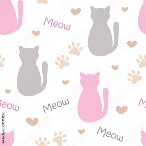 Seamless pattern with cats and hearts. Vector background with cats in color 