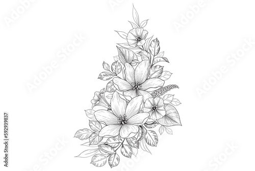 flowers spring art design graphics Vector line art monochrome elegant floral composition in vintage style, tattoo design, coloring page, wedding decoration