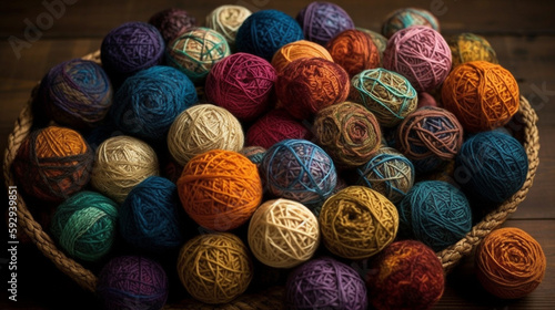 colorful yarn balls in basket, close up Generative AI