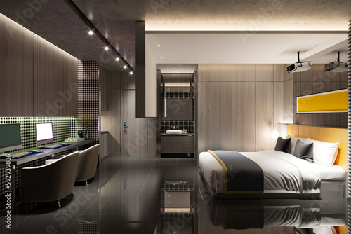 3d render of luxury hotel suite bedroom