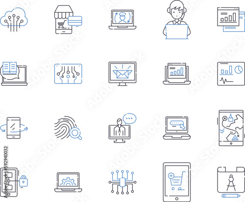 Gadjets and software outline icons collection. Gadgets, Software, Electronics, Technology, Computers, Phones, Tablets vector and illustration concept set. Cameras, Apps, Laptops linear signs