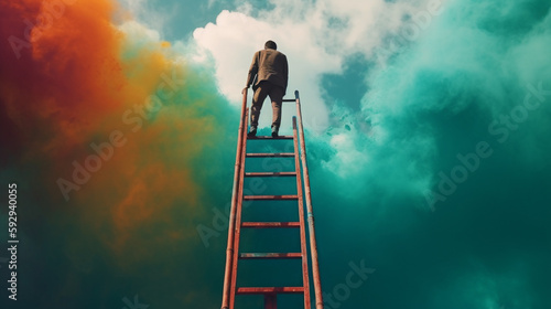 Businessman standing on a ladder and looking at the sky with clouds