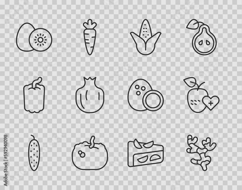 Set line Cucumber  Ginger root  Corn  Pumpkin  Kiwi fruit  Pomegranate  Homemade pie and Healthy icon. Vector