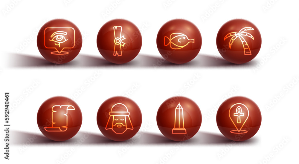 Set line Eye of Horus, Papyrus scroll, Tropical palm tree, Obelisk Alexandria, Egyptian man, Cross ankh and Butterfly fish icon. Vector Set line Eye of Horus, Papyrus scroll, Tropical palm tree, Obelisk Alexandria, Egyptian man, Cross ankh and Butterfly fish icon. Vector