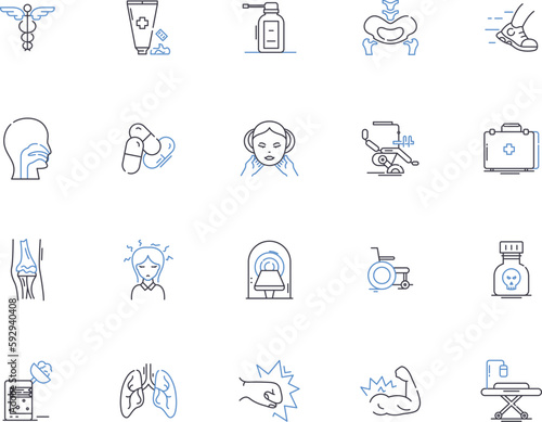 Healthcare outline icons collection. Medicine, Health, Treatment, Care, Well-being, Fitness, Nutrition vector and illustration concept set. Prevention, Diagnosis, Disease linear signs