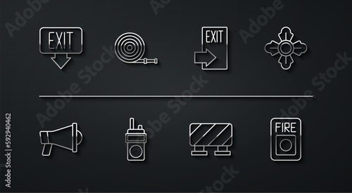 Set line Fire exit, Megaphone, Firefighter, Road barrier, Walkie talkie, hose reel, alarm system and icon. Vector