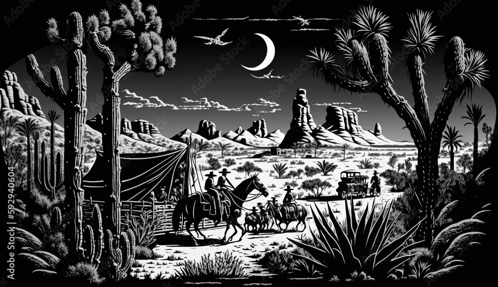 AI Generated. AI Generative. Native american western scene background with cowboy wigwam desrt and rocks. Can be used for home decoration. Wild west. Black and white. Graphic Art Illustration. - obrazy, fototapety, plakaty 