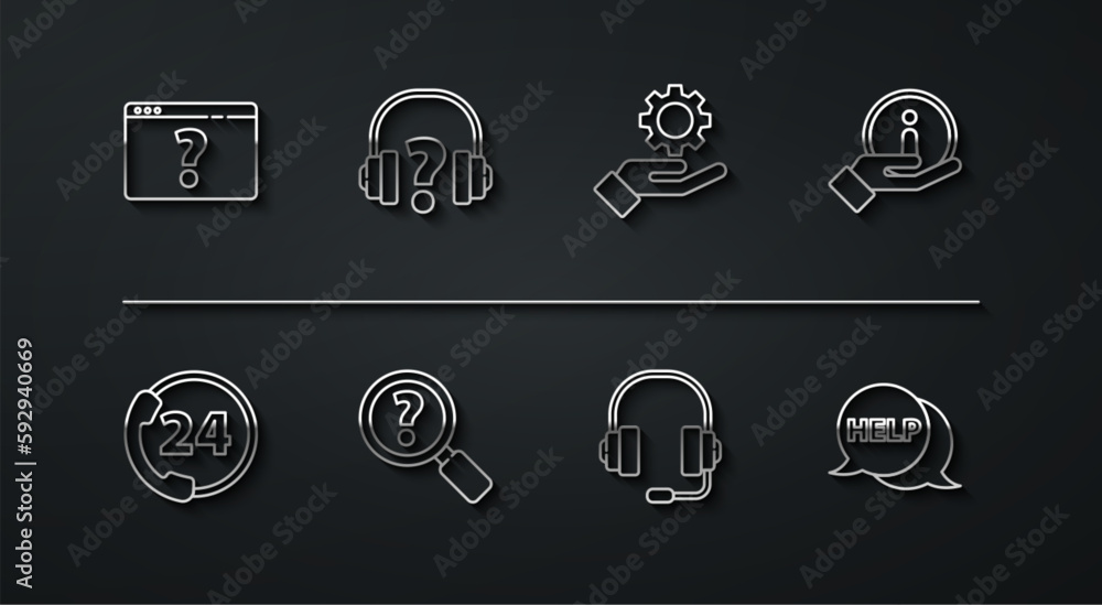 Set line Browser with question mark, Telephone 24 hours support, Information, Headphones, Unknown search, Speech bubble text Help and Settings in the hand icon. Vector Set line Browser with question mark, Telephone 24 hours support, Information, Headphones, Unknown search, Speech bubble text Help and Settings in the hand icon. Vector